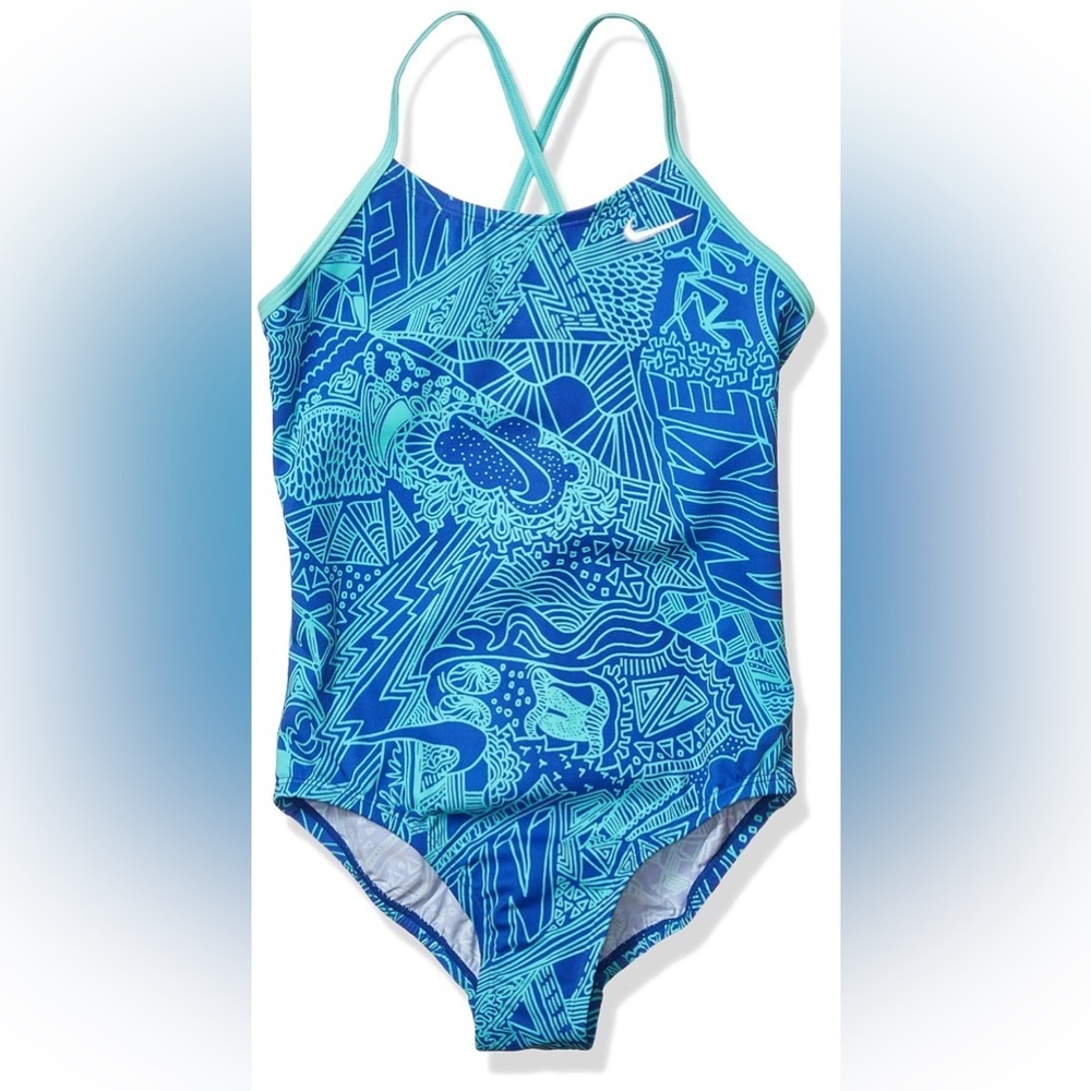 Nike Girls Blue Doodle Print Crossback One Piece Swimsuit XL 13–15 Athletic Swim